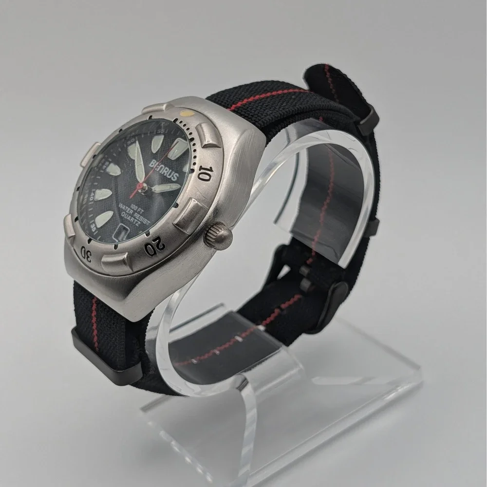 Benrus W1512 Quartz Diver Style Watch Black Dial NATO Strap 43mm Date Lume - Picture 7 of 10